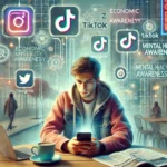 seorang individu Gen Z dalam lanskap digital yang mencerminkan tekanan sosial, ekonomi, dan teknologi.